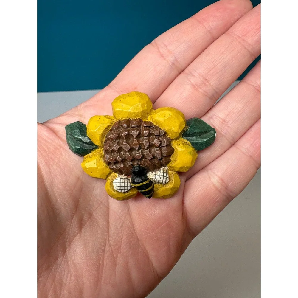 Signed Eddie Hand Carved Wooden Sunflower Bumblebee Brooch Yellow Folk Art Pin